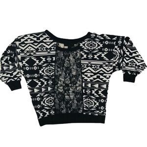 Almost Famous Top Med, Black White Aztec Grunge  Geometric , Lace Soft Goth